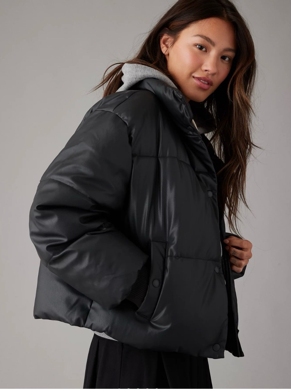 AE NWOT BLACK VEGAN LEATHER CHILL PUFFER JACKET DOWNTOWN GIRL